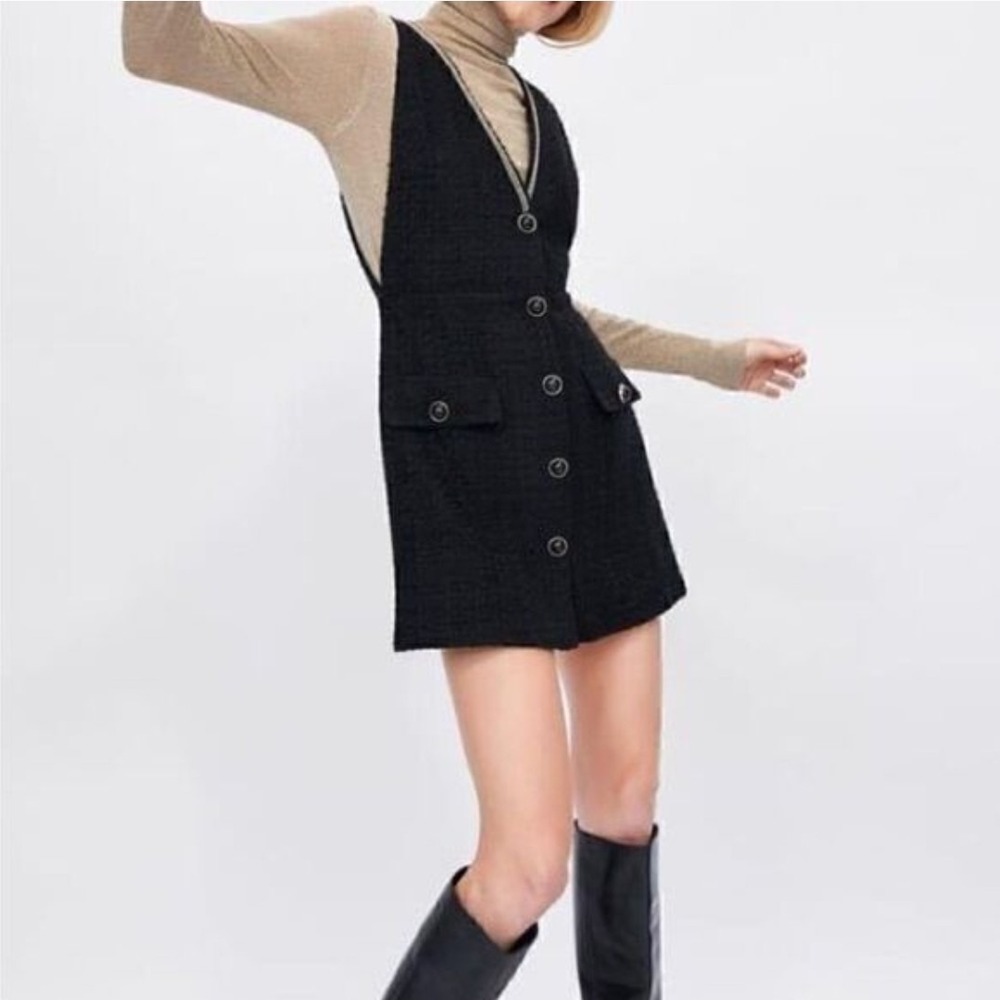 ZARA Pinafore Overall Jumpsuit Mini Dress Black Tweed Dark Acadamia Whimsgoth XS - Picture 2 of 8